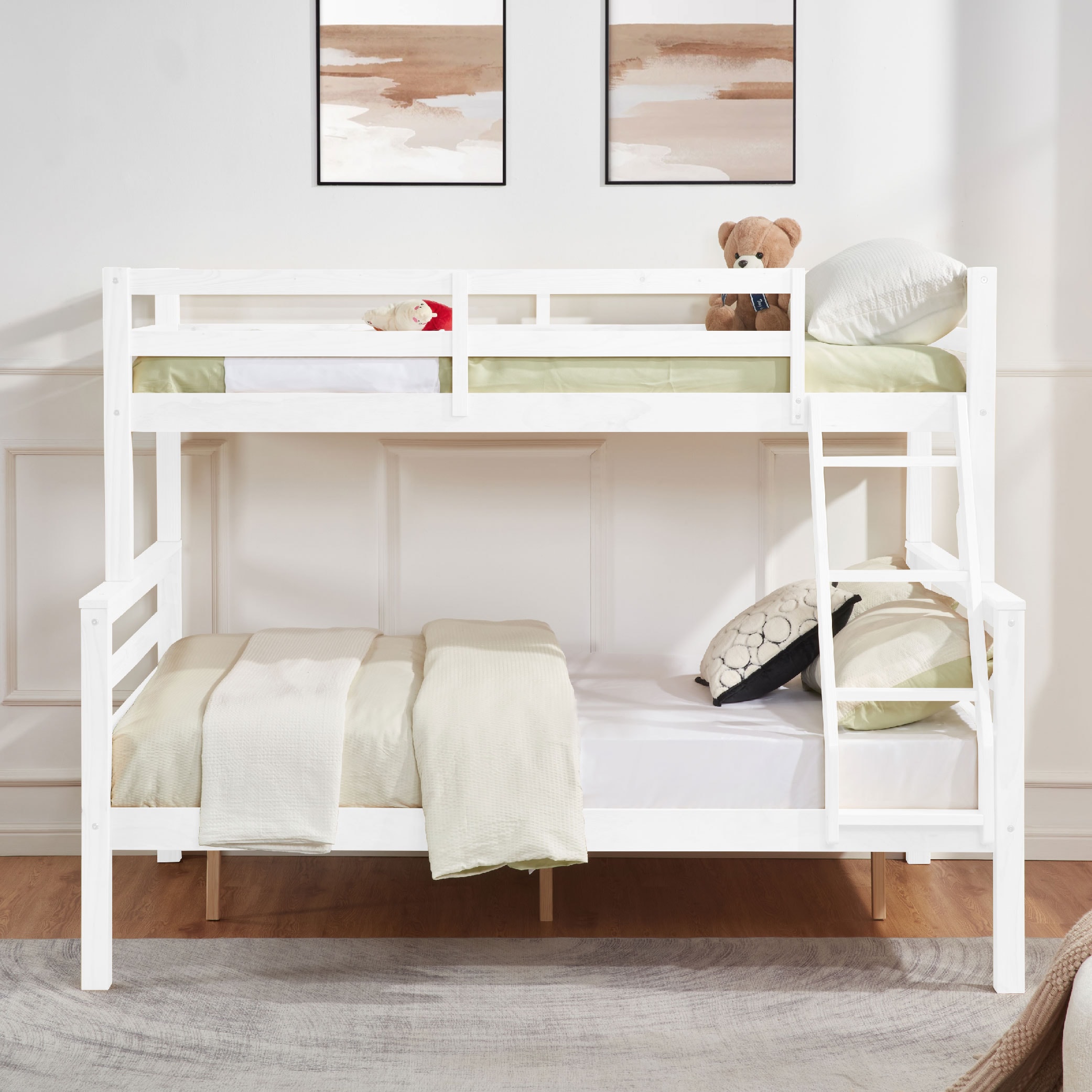 Twin over Full Bunk Bed with Thick Posts,Wooden Bunk Bed with High Guardrail and Ladder for Kids, Teens, Dorm Rooms, and Guest Rooms,No Box Spring Needed,White Twin over Full Bunk Bed with Thick Posts,Wooden Bunk Bed with High Guardrail and Ladder for Kids, Teens, Dorm Rooms, and Guest Rooms,No Box Spring Needed,White